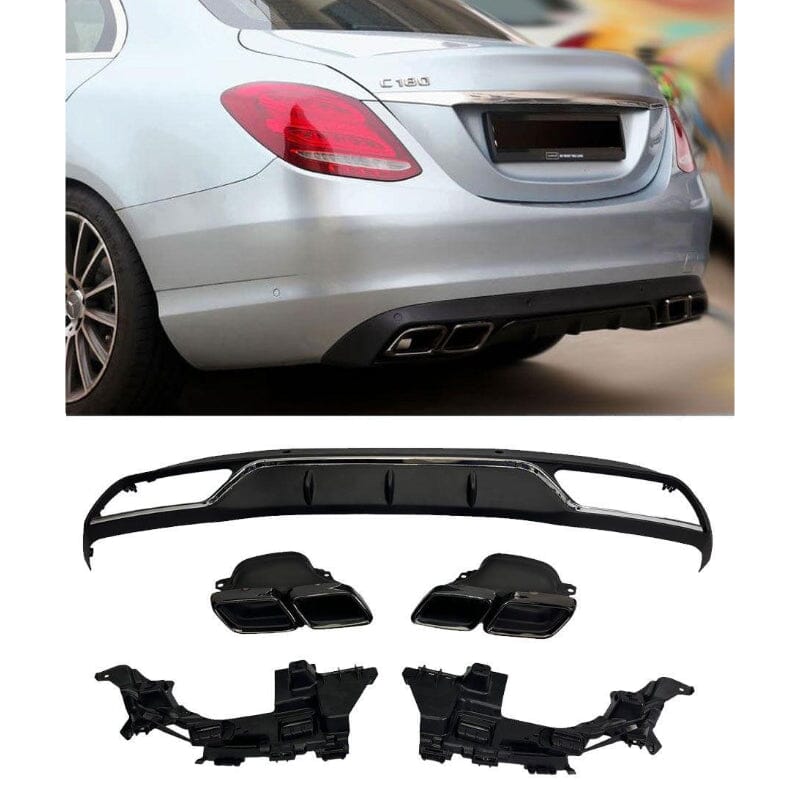 Mercedes C-Klasse W205 Diffusor + Auspuffblenden 2x2 SCHWARZ AMG für Serienausstattung C63 AMG Design RSHOP 